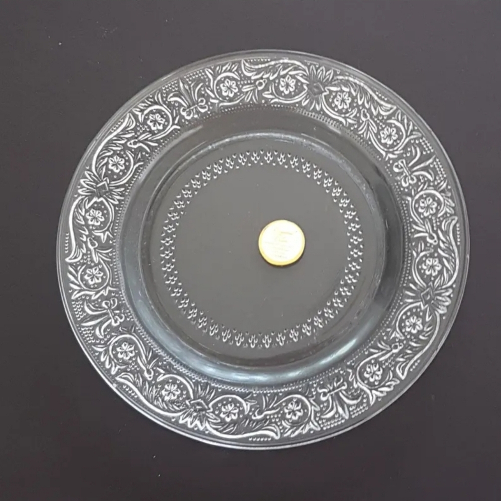 KIG Fleur de Lis Clear Glass Dessert Plates - 4pc Set - Original Stickers